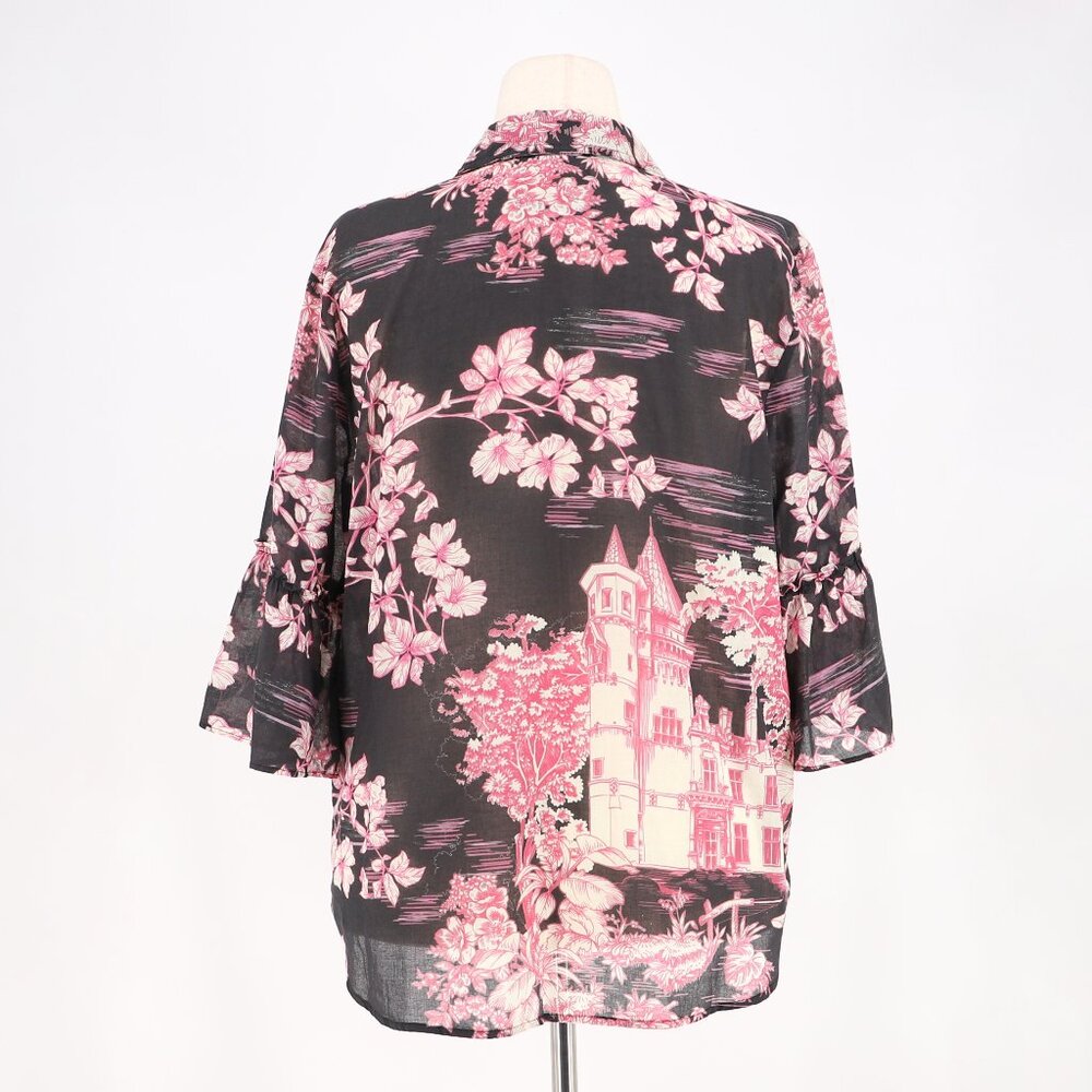 JOHNNY WAS House on the Hill Ruffle Sleeve Blouse Pink/Black Size L - Picture 4 of 13